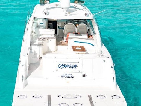 Iate a motor Sea Ray Sundancer de 48 pés em Cancún - capacidade para até 15 pessoas