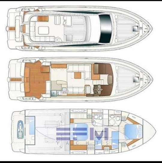 Yate a motor Ferretti 510 Fly, 17 metros, 3 cabinas y tripulación 