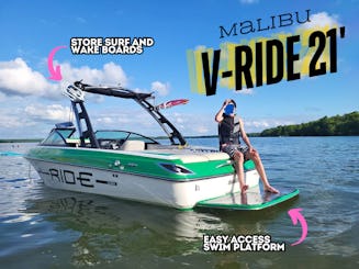Malibu V-Ride Wake Boat & Captain | Chill Cruises, Surfing, Swimming, & More!