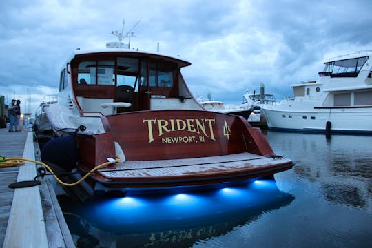 Classic Gentlemen's Yacht on Charleston Harbor sunset cruising in elegant style 