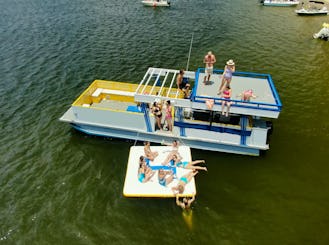 Ponton de fête de 35 pieds ; salle de bain et terrasse supérieure ; arrêt pour nager, location de bateau privé