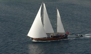 M/S Trippin Med.double ender, custom made wooden modern classic boat Med. coast of Turkey & Greek islands