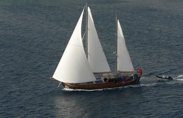 M/S Trippin Med.double ender, custom made wooden modern classic boat Med. coast of Turkey & Greek islands