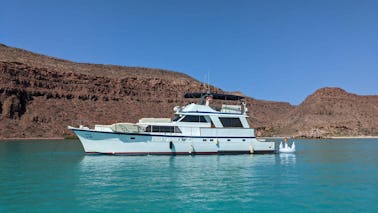 Aluguer clássico de iates a motor Hatteras de 65 pés, uma experiência única em La Paz.