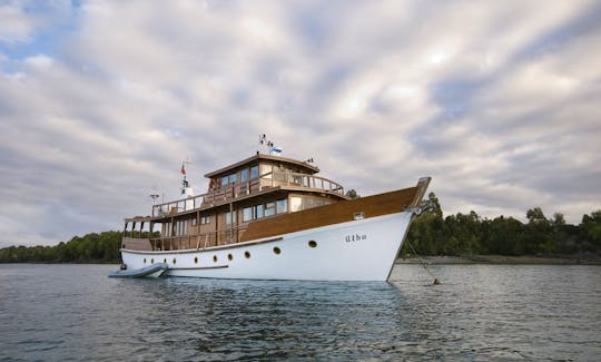 Traditional Wooden Motor Yacht in Dalcahue, Chilean Northern Patagonia.