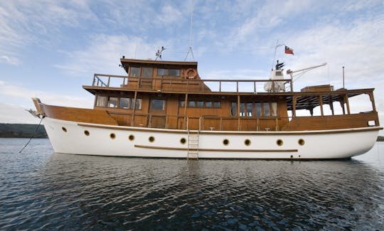 Traditional Wooden Motor Yacht in Dalcahue, Chilean Northern Patagonia.