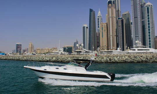 Side View 36 ft Gulf Craft Ambassador Walk Around starting point Dubai Marina Walk near Spinneys
