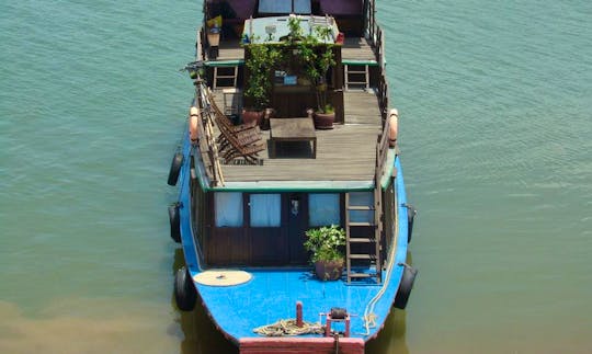 Charter 60' Custom Wooden Boat on Tonle Sap Rive in Krong Kampong Chhnang