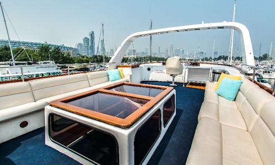 Upper deck for 30 passengers has a skylight from the main salon