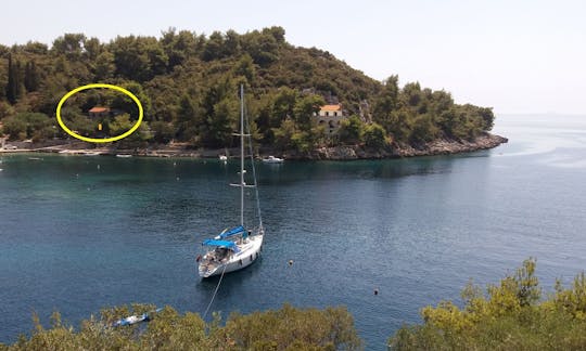 Our 42 foot sailing boat in front of our Holidays House by the sea in Bay on Island Korcula. You can rent both. Divide the week end make few days sail