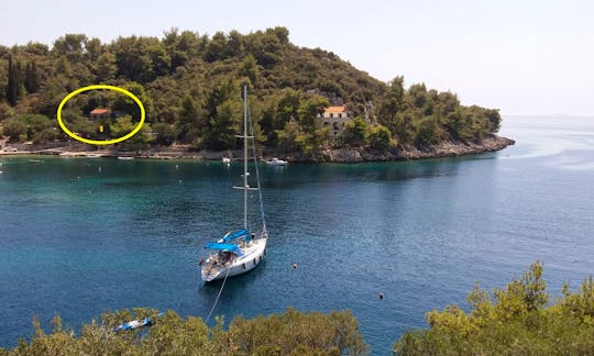 Our 42 foot sailing boat in front of our Holidays House by the sea in Bay on Island Korcula. You can rent both. Divide the week end make few days sail