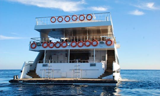 catamaran encompassing all aspects of a Red Sea trip from fine dining to underwater viewing on a daily cruise.