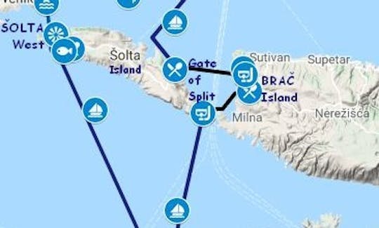 3Days/2night Tour from
SPLIT to Islands: Čiovo,  Šolta, HVAR (mooring for NIGHT), Vis- Green Cave, VIS or HVAR for 2nd night, than Brac and back to