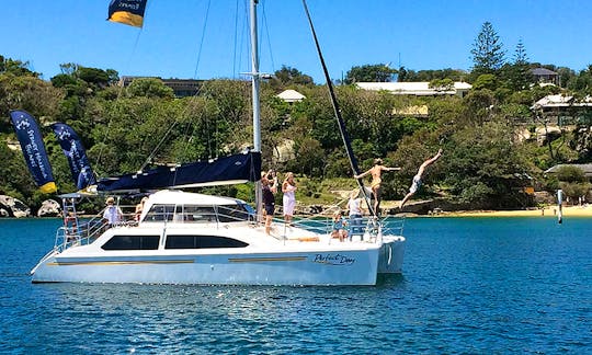 Captained Charter on Perfect Day with a luxury 34 foot Catamaran around Sydney Harbour. Maximum 20 guests