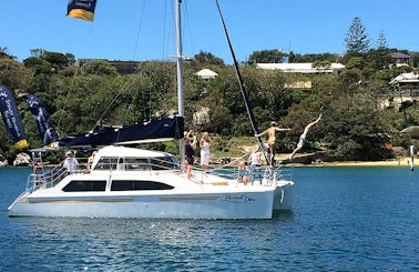 Captained Charter on Perfect Day with a luxury 34 foot Catamaran around Sydney Harbour. Maximum 20 guests