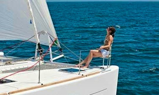 Relax in the Airconditioned Cabins of a Lagoon 450 Fly Charter in Kos, Greece