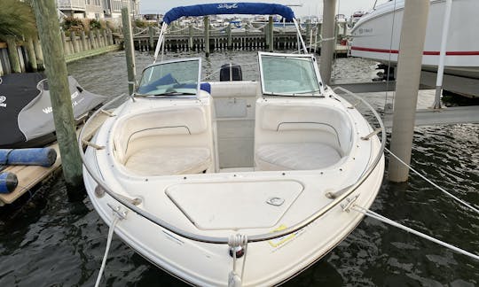 Bowrider Sea Ray de doble consola de 21 pies con un nuevo fueraborda de 200 HP en la parte inferior del barco