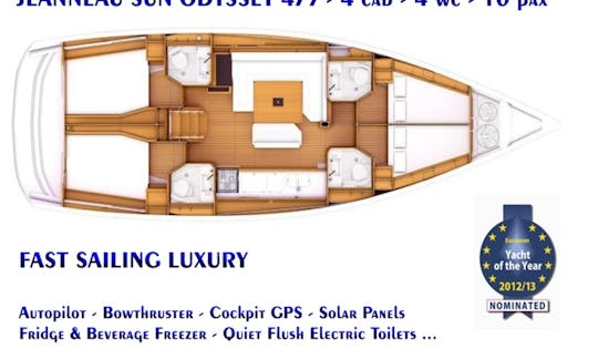 Jeanneau Sun Odyssey 479 (2016/10 pessoas) iate rápido de Kos para navegar pelas ilhas do mar Egeu, Grécia