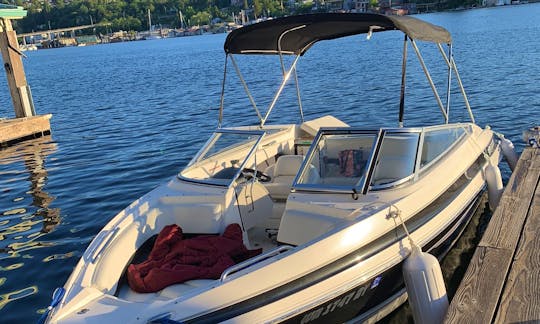 21’ boat with lots of space! Bimini top can be put up or down.