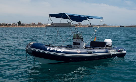 Rent for Half Day or Full Day this Lomac 460 OK Semi Regid Boat in Torrevieja