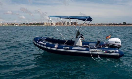 Rent for Half Day or Full Day this Lomac 460 OK Semi Regid Boat in Torrevieja