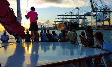 O barco de festa de catamarã para 42 pessoas inclui: 1 capitão, 1 companheiro e 1 barman