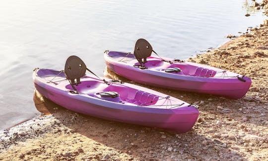 2 pinks kayaks
2 blue kayaks
1 gray fishing kayak
1 green paddle board
All single sitting