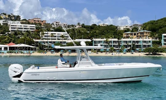 Our 32 Intrepid at the beach in front of Secret Harbor.