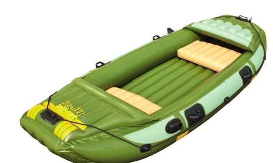 Inflatable row boat for $10 CAD per hour in Delta, British Columbia.