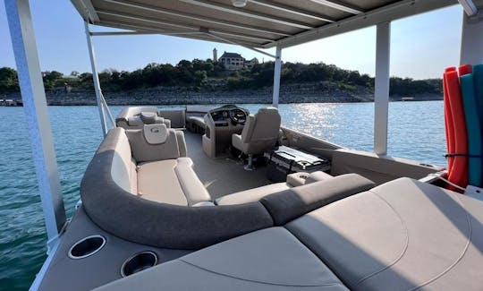 Double Decker Party Boat with a Waterslide and Lily Pad on Lake Travis