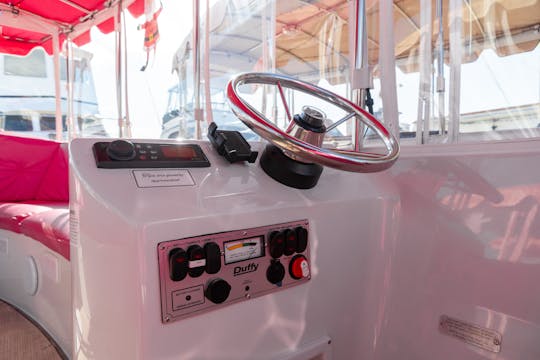 Barco Duffy elétrico rosa de 21 pés em Huntington Beach