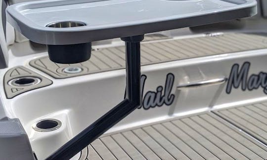 Blu beauty powersport Boat with Grill and drone for sky view aerial footage