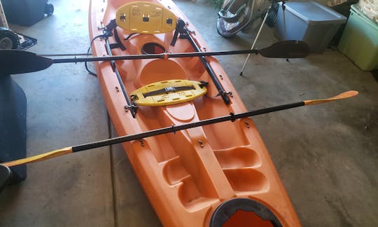 This Tandem Kayak comes with 3 storage spots for your items as well as 2 brand new Carbon Fiber Ores to make sure if your in the hot sun, the ore wont