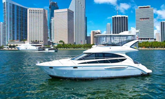 Meridian Yacht Iris for Boat Rental Miami. 45-ft Flybridge Yacht on the water in Miami Bay and Downtown Miami area.