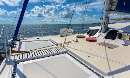 Large Catamaran sailing in Biscayne Bay from Miami