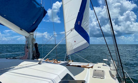 Large Catamaran sailing in Biscayne Bay from Miami