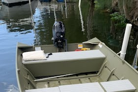 14'  Extra Wide Jon Boat 4HP Tohatsu 4 stroke with Prop Guard for Manatees holds up to 6 people.
