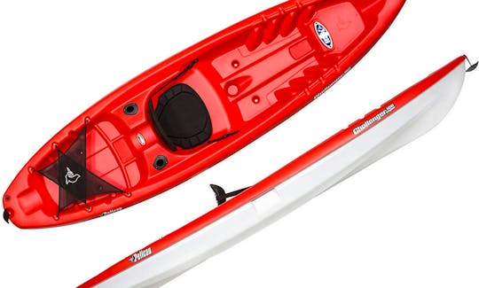 Our red kayak looks just like this one! Store your gear under the mesh in the back, and use the pole mounts for fishing!