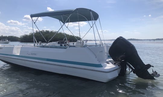 Bimini shade cover over the aft section of the boat.  The bow seating has full sun.