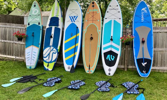 8 paddle board options  with accessories. Dry bags, kayak seats and beach gear available.