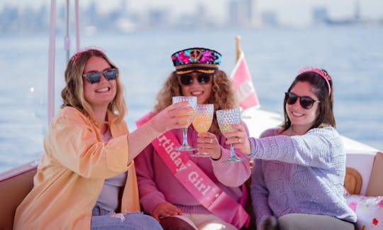 Birthday and Bachelorette party celebration idea on the water! Pink party Boat charters in San Diego Bay.