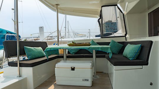 The perfect sailing 46ft Lagoon Catamaran for a party at the sea.