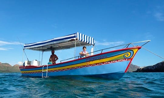 The cheerful colors of the fully equipped, 24 foot classic Mexican panga Pipiripau, are a reflection of the fun we have exploring the coastline of San