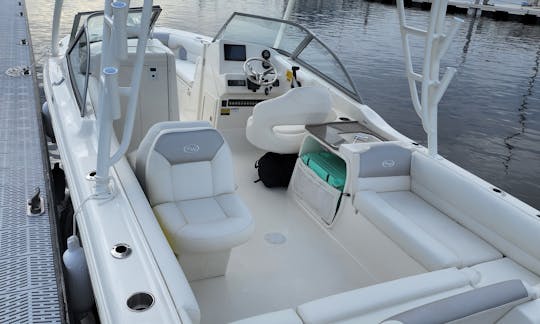 The inside of the boat. Comes with a small bathroom, ruining water, flushing toilets, room for everyone.