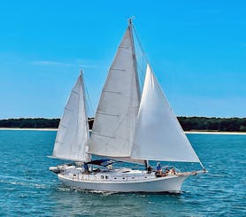 Vela capitaneada em um lindo e confortável esboço de madeira de 50 pés