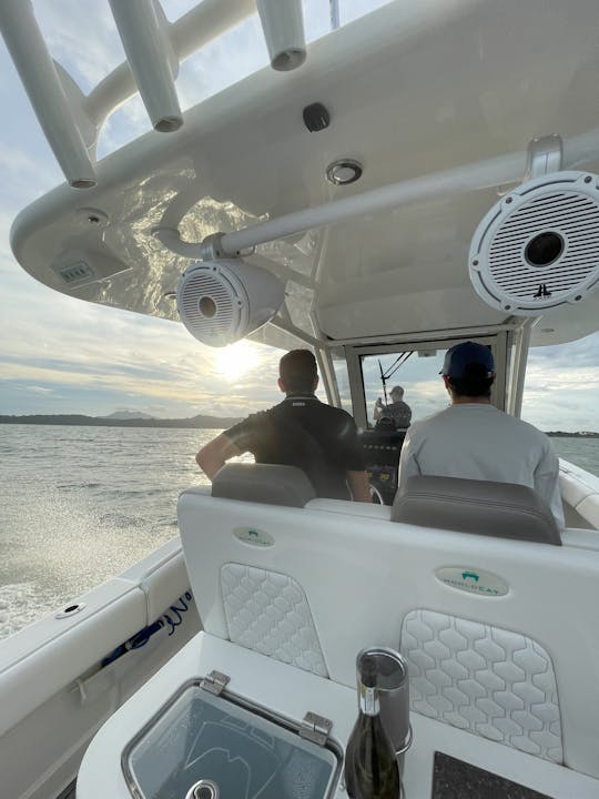 Passeio privado de barco de dia inteiro para Las Perlas e Contadora com a World Cat de 28 pés