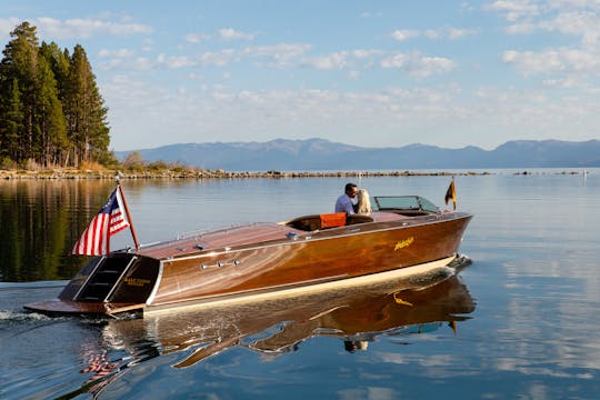 Sunrise on Lake Tahoe onboard our 34ft Hacker-Craft Wooden Boat