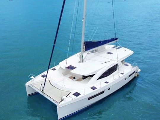 Avalon One - 2016 Leopard Catamaran - Full View Looking Down on the 48' Catamaran on the Water