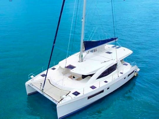 Avalon One - 2016 Leopard Catamaran - Full View Looking Down on the 48' Catamaran on the Water