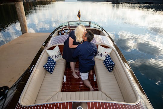 Want to get engaged on a wooden boat on Lake Tahoe? Book the 34' Hacker-Craft